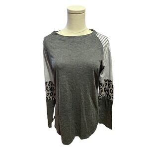 Long-Sleeve T-Shirt: Soft, Stretchy Gray/White Colorblock Print Leopard, Stripes